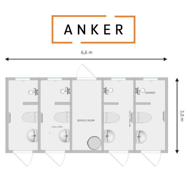 An image of Anker Unisex Cubicle Toilet and Shower Block 6.6mx3.0mx3.6m