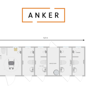 An image of Anker Unisex Cubicle Toilet and Shower Block including Accessible Toilet Shower 9.0m x 3.0m x 3.6m