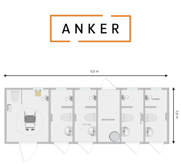 An image of Anker Unisex Cubicle Toilet and Shower Block including Accessible Toilet Shower 9.0m x 3.0m x 3.6m