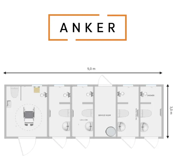 An image of Anker Unisex Cubicle Toilet and Shower Block including Accessible Toilet Shower 9.0m x 3.0m x 3.6m