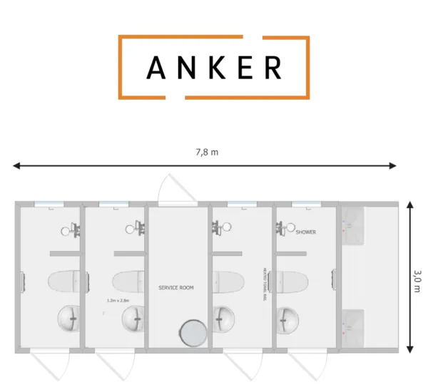 An image of Anker Unisex Cubicle Toilet and Shower Block including Washroom 7.8mx3.0mx3.6m