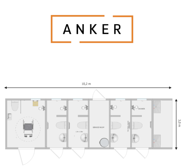 An image of Anker Unisex Cubicle Toilet and Shower Block including Washroom Accessible Toilet Shower 10.2mx3.0mx3.6m