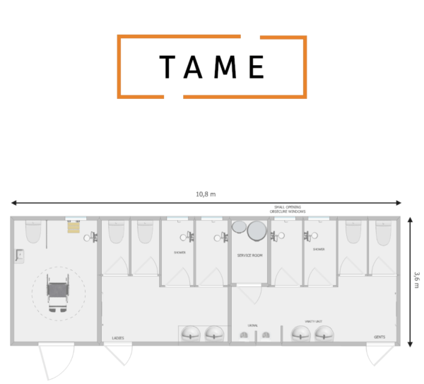 An image of Tame Gendered Portable Toilet and Shower Block including Accessible Toilet Shower 10.8m x 3.6m x 3.6m