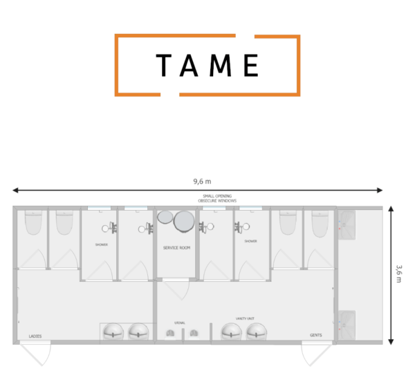 An image of Tame Gendered Portable Toilet and Shower Block including Washroom 9.6m x 3.6m x 3.6m