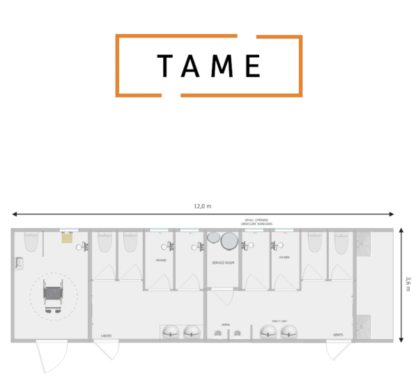 An image of Tame Gendered Portable Toilet and Shower Block including Washroom Accessible Toilet Shower 12.0m x 3.6m x 3.6m